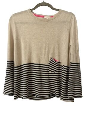 New Lisa Todd Tan & Navy Striped Sweater with Neon Pink S Cotton Linen MSRP $185
